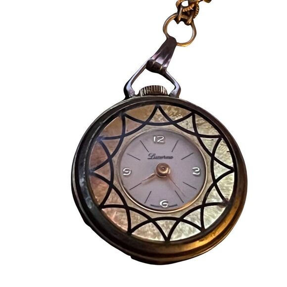 Vintage Lucerne Time Piece Pocket Watch Pendent Gold Tone Chain Necklace - Picture 3 of 4